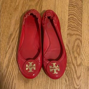 Tory Burch Red Patent Reva Flats w/ Gold Emblem